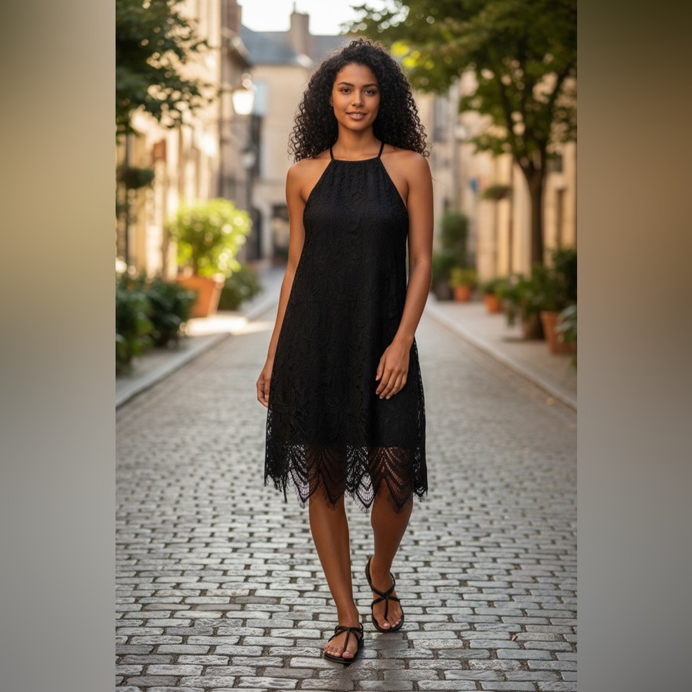 Fourteenth Place Black Floral Lace Halter Dress - Size Small